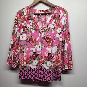 Crown & Ivy Tunic Top Women Size L Pink Floral V-Neck 3/4 Sleeve Boho Artsy
